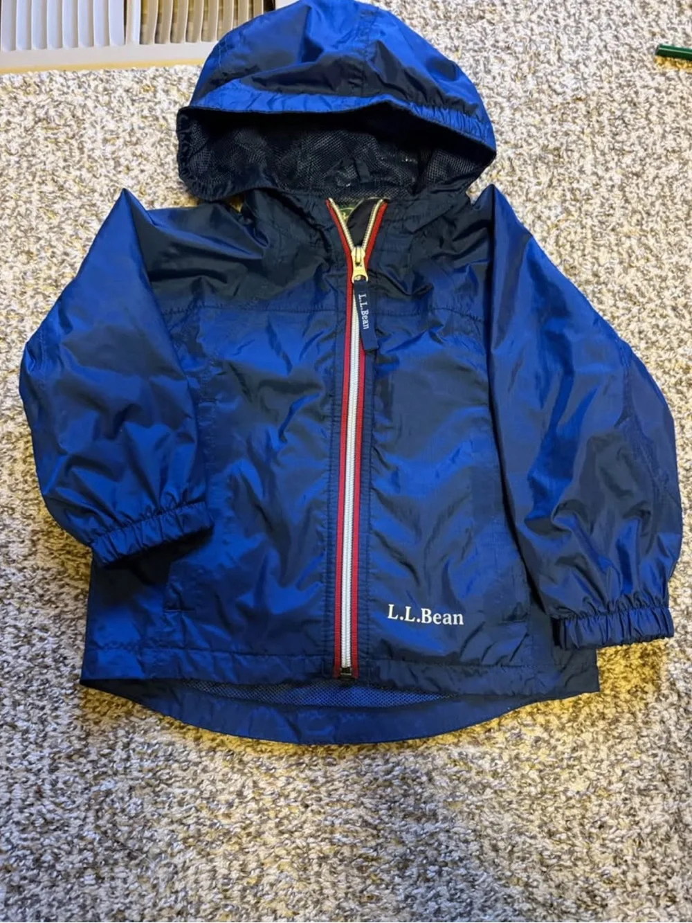 L.L.Bean Navy Hooded Raincoat with Red and White Zip Trim